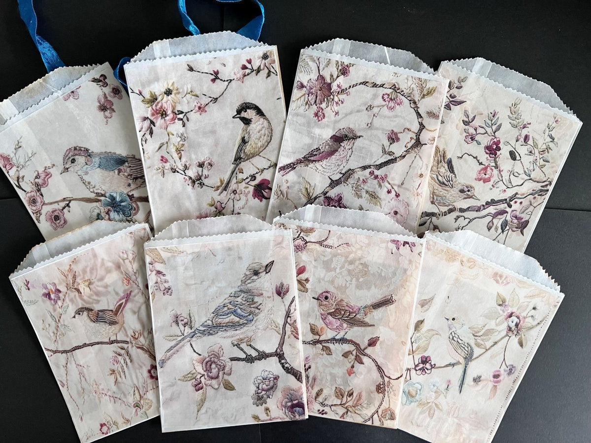 Vintage Embroidery Glassine Bags, Set of 8, Bird & Botanical Motifs